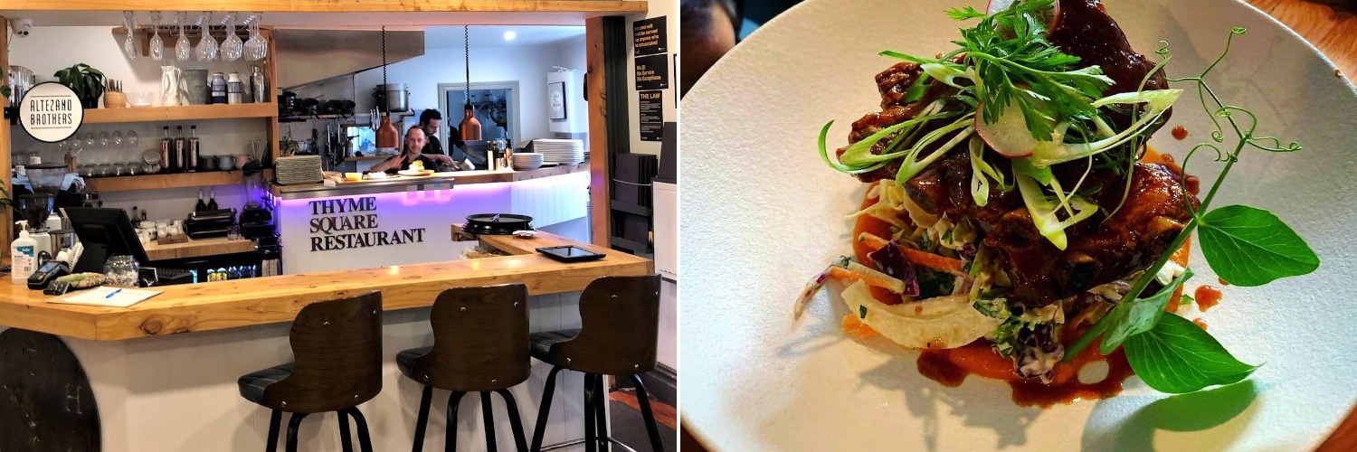 Thyme Square Restaurant - the dining room and a plated dish, fine dining in Hamilton